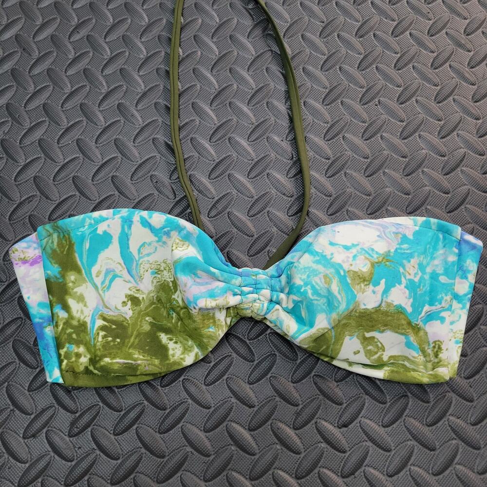 Bandeau Bikini Top Medium Blue Green Marble Tie Dye Strap Swim Vacation Ready